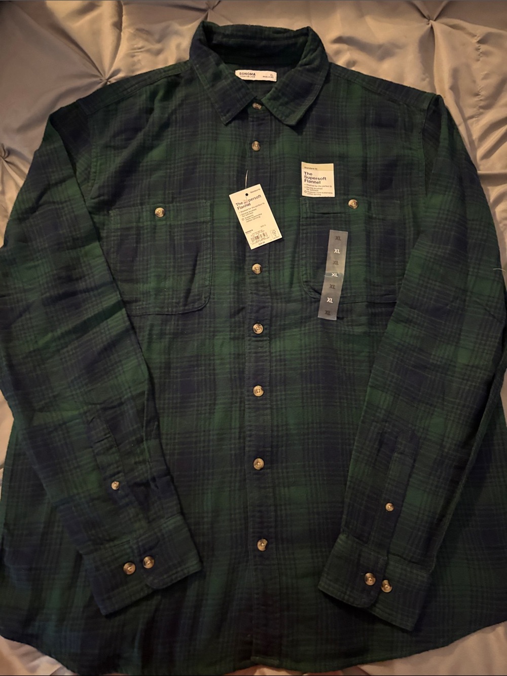 Sonoma Green and Navy Plaid Long-Sleeve Button-Down Shirt